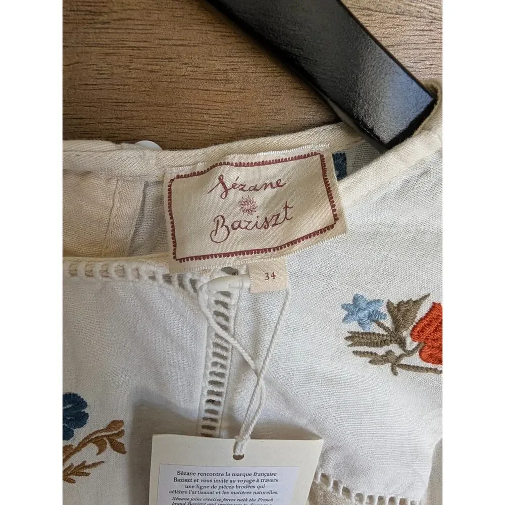 NWT Sézane x Baziszt Flaminette Shirt Women 2 34 White Floral Lace Trim - Picture 3 of 5